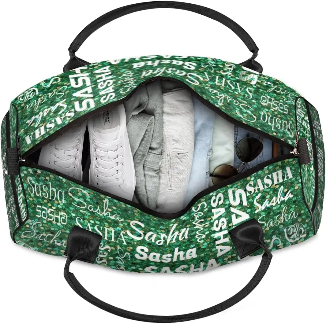 Personalized Travel Duffel Bag for Women Men, Custom Name Gym Duffel Bags Sports Overnight Weekender Bags Personalized Gifts, Grass Green Glitter (No Glitter)