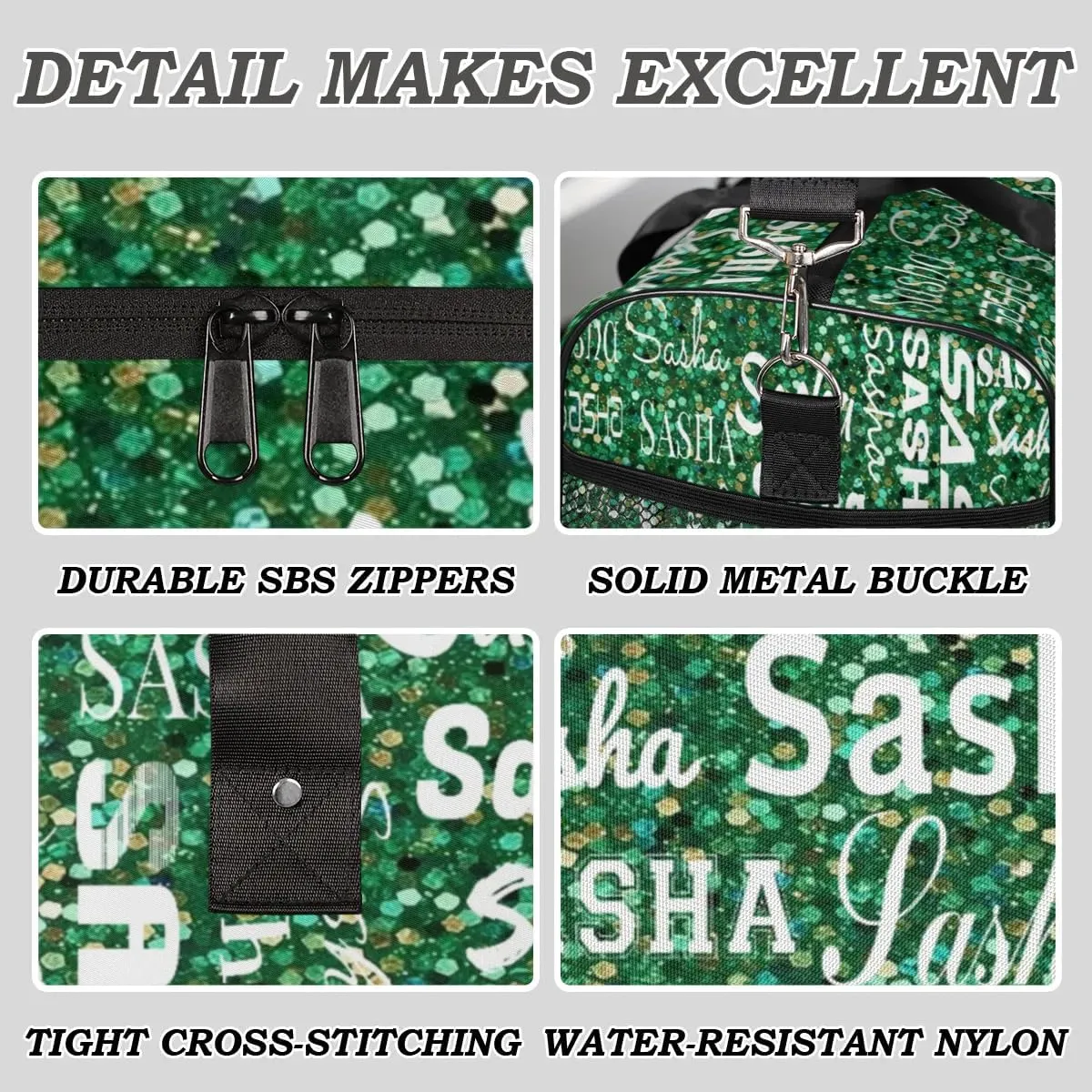 Personalized Travel Duffel Bag for Women Men, Custom Name Gym Duffel Bags Sports Overnight Weekender Bags Personalized Gifts, Grass Green Glitter (No Glitter)