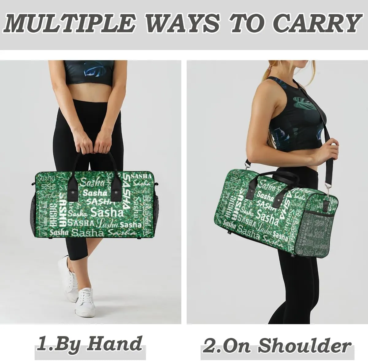 Personalized Travel Duffel Bag for Women Men, Custom Name Gym Duffel Bags Sports Overnight Weekender Bags Personalized Gifts, Grass Green Glitter (No Glitter)
