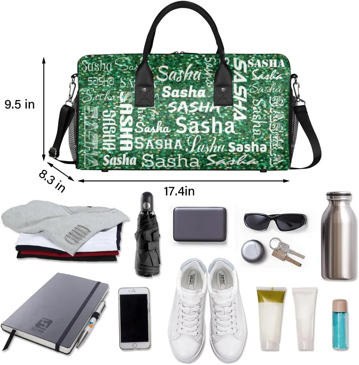 Personalized Travel Duffel Bag for Women Men, Custom Name Gym Duffel Bags Sports Overnight Weekender Bags Personalized Gifts, Grass Green Glitter (No Glitter)
