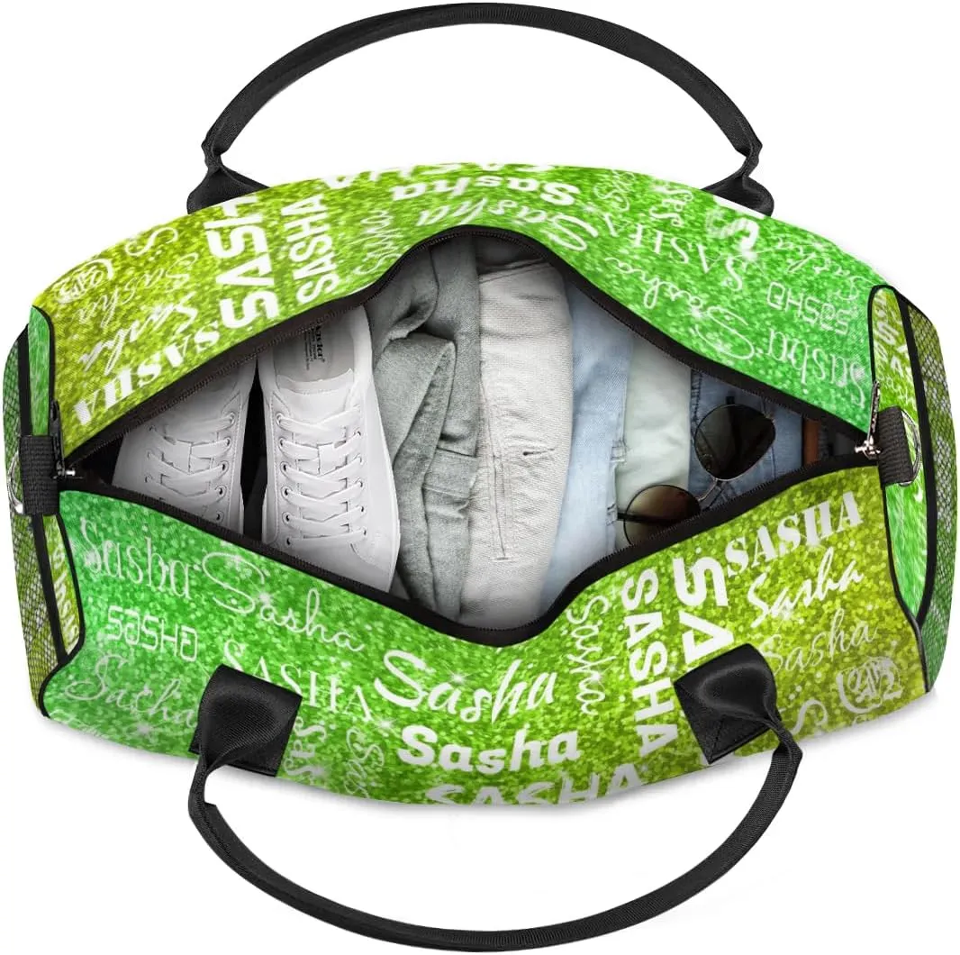 Personalized Travel Duffel Bag for Women Men, Custom Name Gym Duffel Bags Sports Overnight Weekender Bags Personalized Gifts, Light Green Glitter (No Glitter)