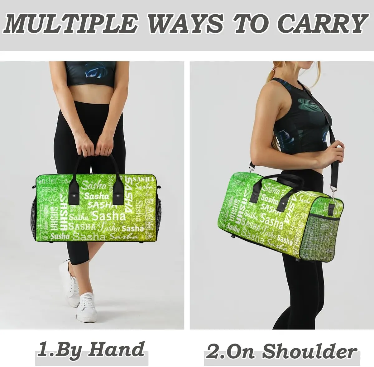 Personalized Travel Duffel Bag for Women Men, Custom Name Gym Duffel Bags Sports Overnight Weekender Bags Personalized Gifts, Light Green Glitter (No Glitter)