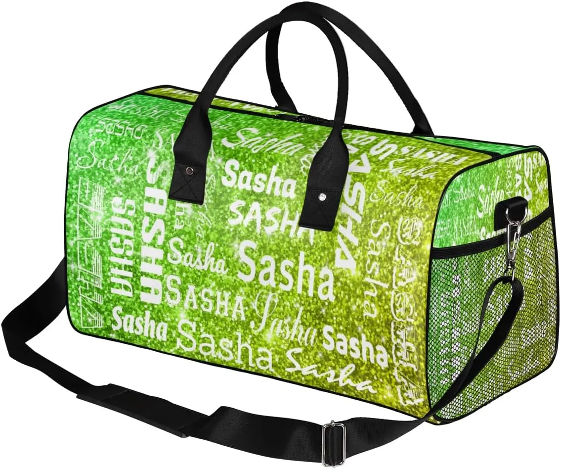 Personalized Travel Duffel Bag for Women Men, Custom Name Gym Duffel Bags Sports Overnight Weekender Bags Personalized Gifts, Light Green Glitter (No Glitter)