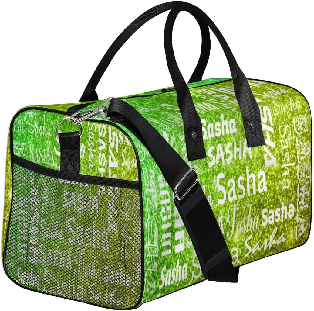 Personalized Travel Duffel Bag for Women Men, Custom Name Gym Duffel Bags Sports Overnight Weekender Bags Personalized Gifts, Light Green Glitter (No Glitter)