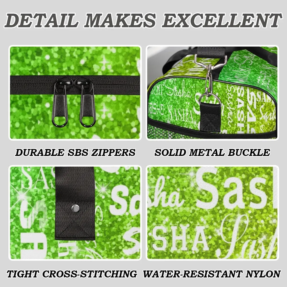 Personalized Travel Duffel Bag for Women Men, Custom Name Gym Duffel Bags Sports Overnight Weekender Bags Personalized Gifts, Light Green Glitter (No Glitter)