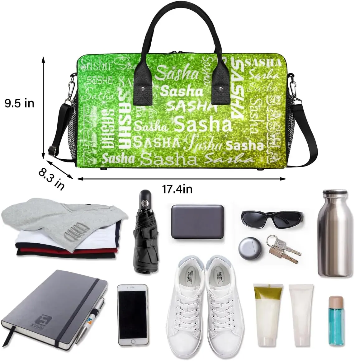 Personalized Travel Duffel Bag for Women Men, Custom Name Gym Duffel Bags Sports Overnight Weekender Bags Personalized Gifts, Light Green Glitter (No Glitter)