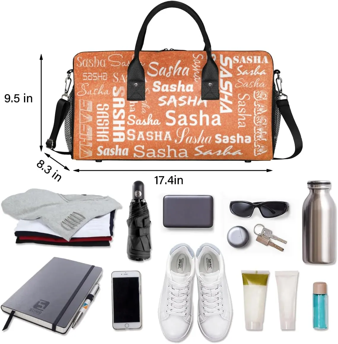 Personalized Travel Duffel Bag for Women Men, Custom Name Gym Duffel Bags Sports Overnight Weekender Bags Personalized Gifts, Orange (No Glitter)