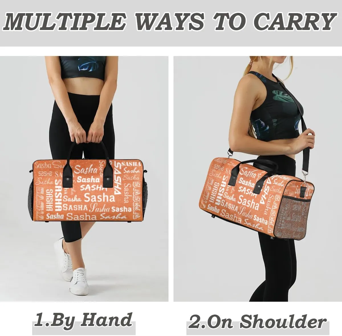 Personalized Travel Duffel Bag for Women Men, Custom Name Gym Duffel Bags Sports Overnight Weekender Bags Personalized Gifts, Orange (No Glitter)
