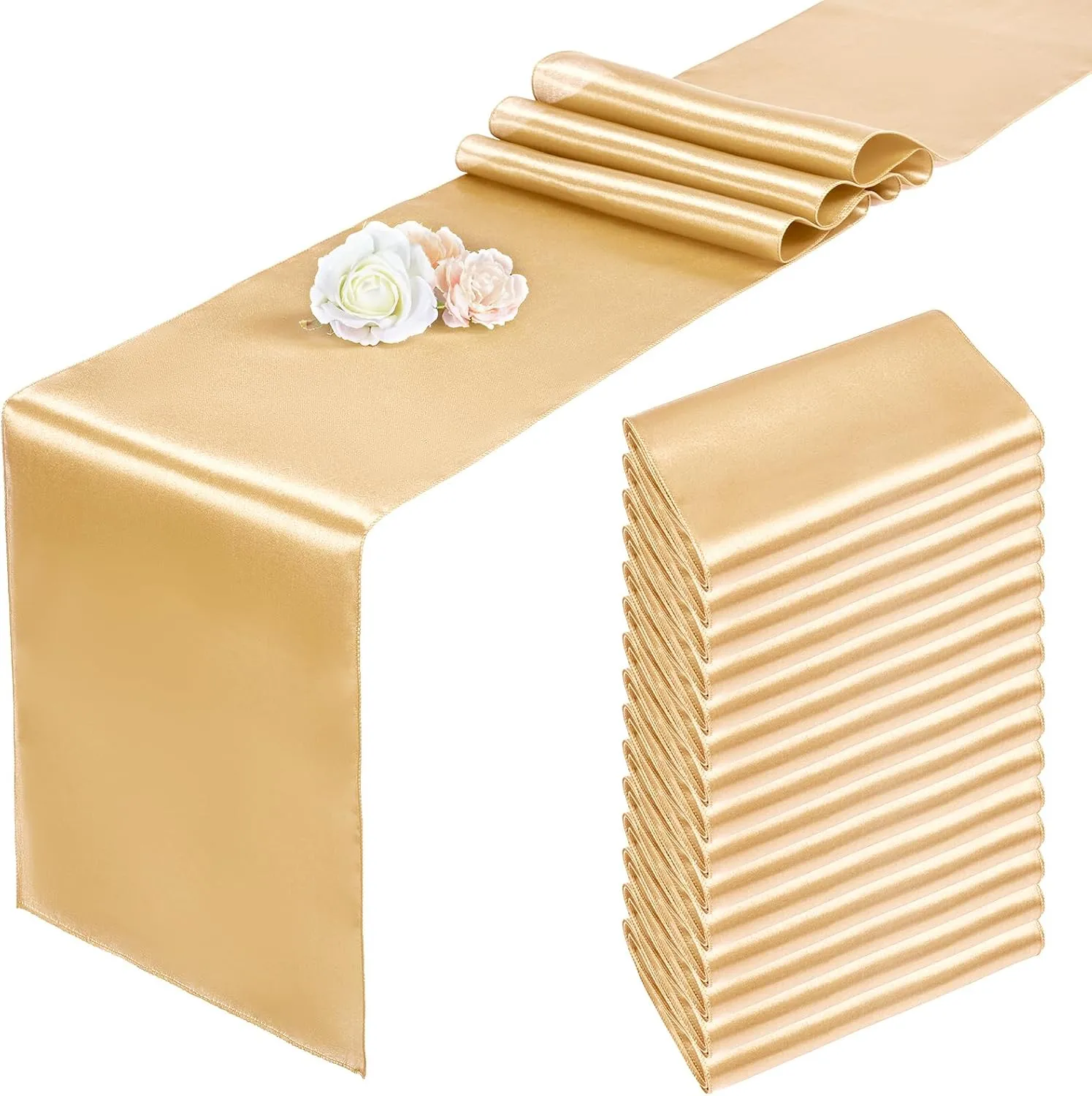 Pesonlook 15 Pack Satin Table Runners Champagne 12 x 108 Inch Long Table Runners for Rectangle Round Tables,Smooth Satin Table Runner for Wedding, Birthday Party Banquets Decoration