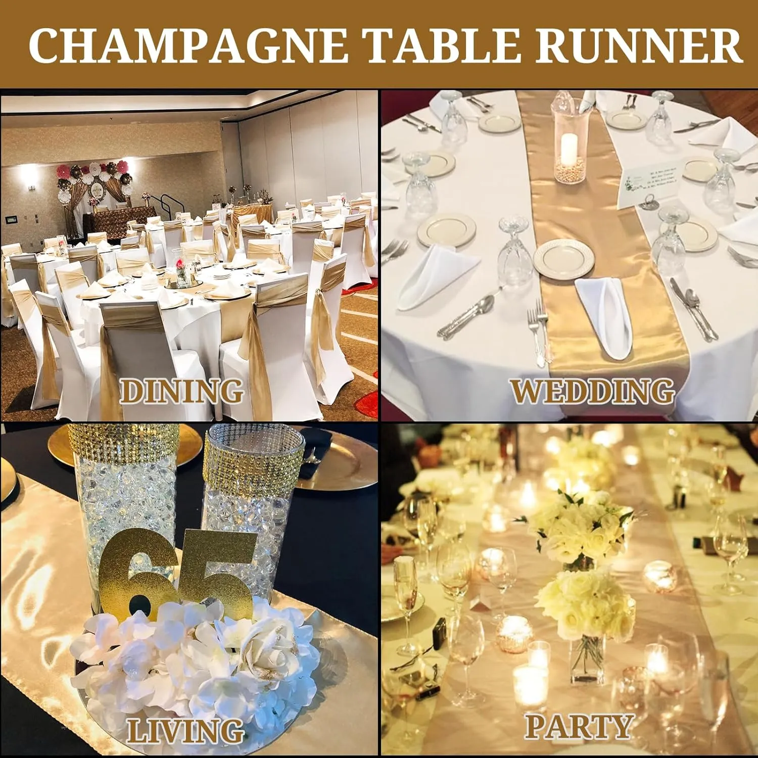 Pesonlook 15 Pack Satin Table Runners Champagne 12 x 108 Inch Long Table Runners for Rectangle Round Tables,Smooth Satin Table Runner for Wedding, Birthday Party Banquets Decoration