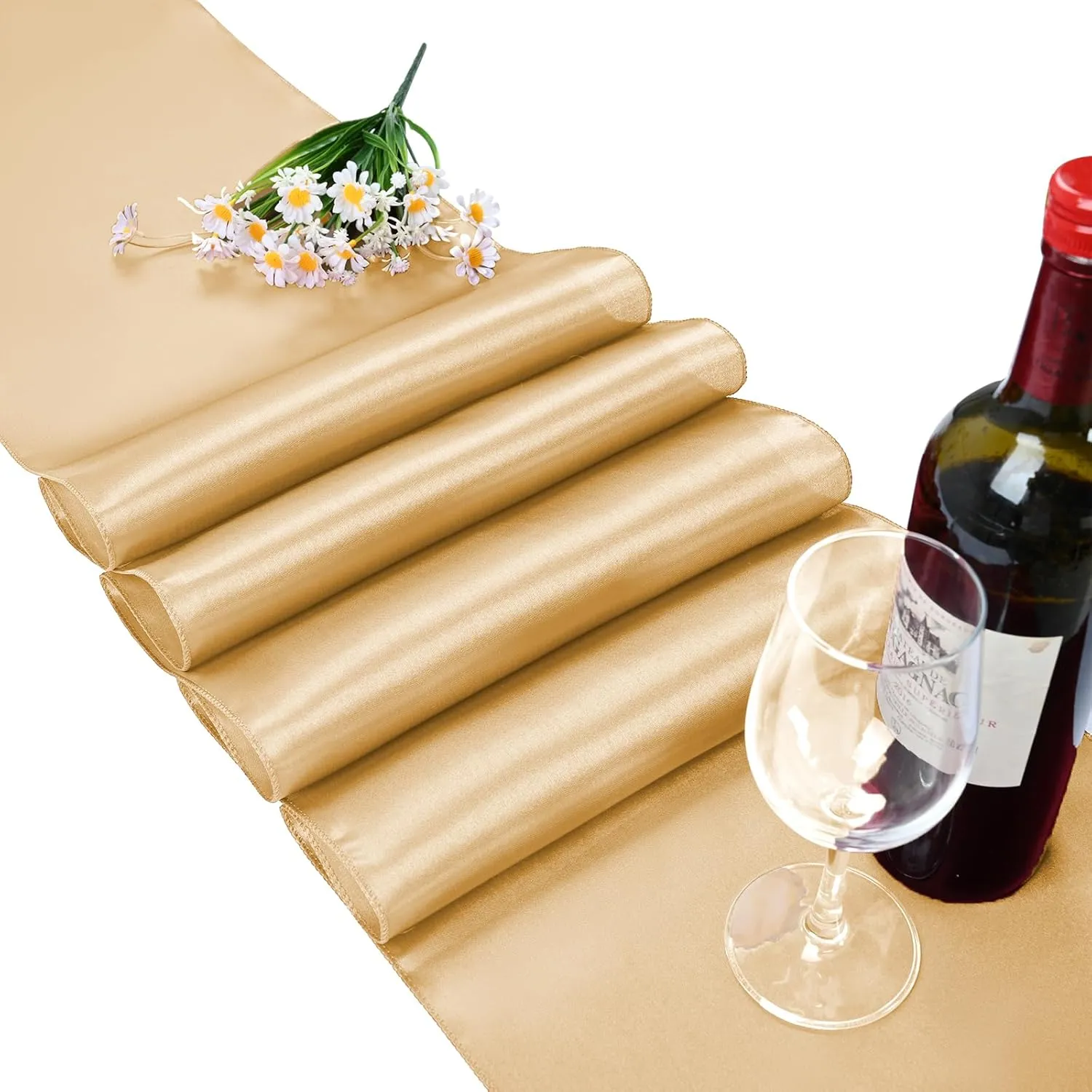 Pesonlook 15 Pack Satin Table Runners Champagne 12 x 108 Inch Long Table Runners for Rectangle Round Tables,Smooth Satin Table Runner for Wedding, Birthday Party Banquets Decoration