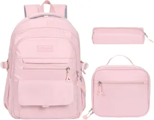 Phaoullzon Teen Girls School Backpack with Lunch Box for Boys, College Aesthetic Laptop Bookbag for Women,Pink