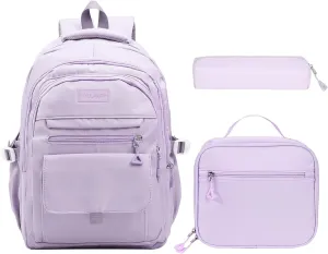 Phaoullzon Teen Girls School Backpack with Lunch Box for Boys, College Aesthetic Laptop Bookbag for Women,Purple
