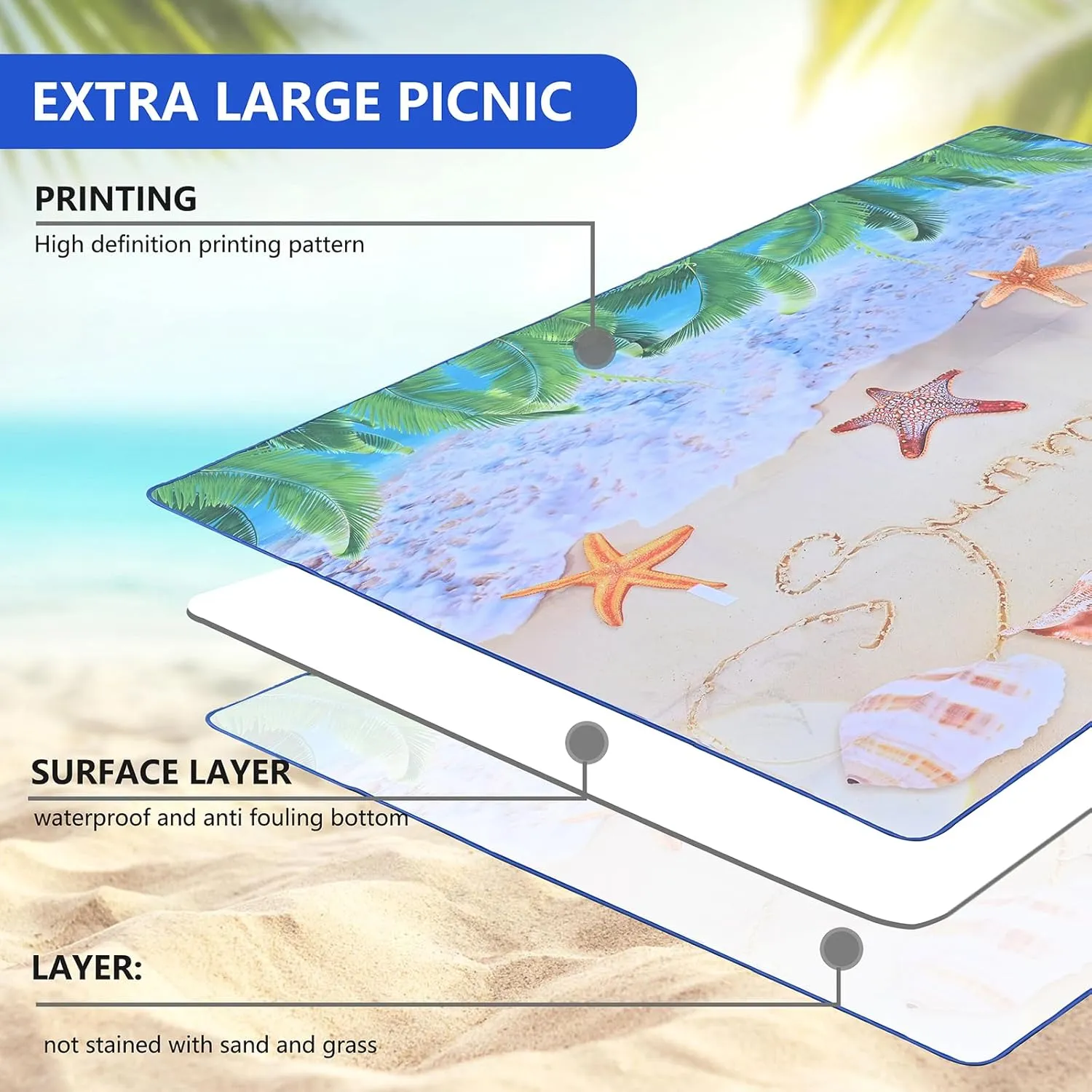 Picnic Blanket, Foldable Waterproof Sand Mat, Extra Large Picnic Blanket Outdoor Picnic Mat Beach Blanket for Park Grass Camping Hiking Travel Family Concerts