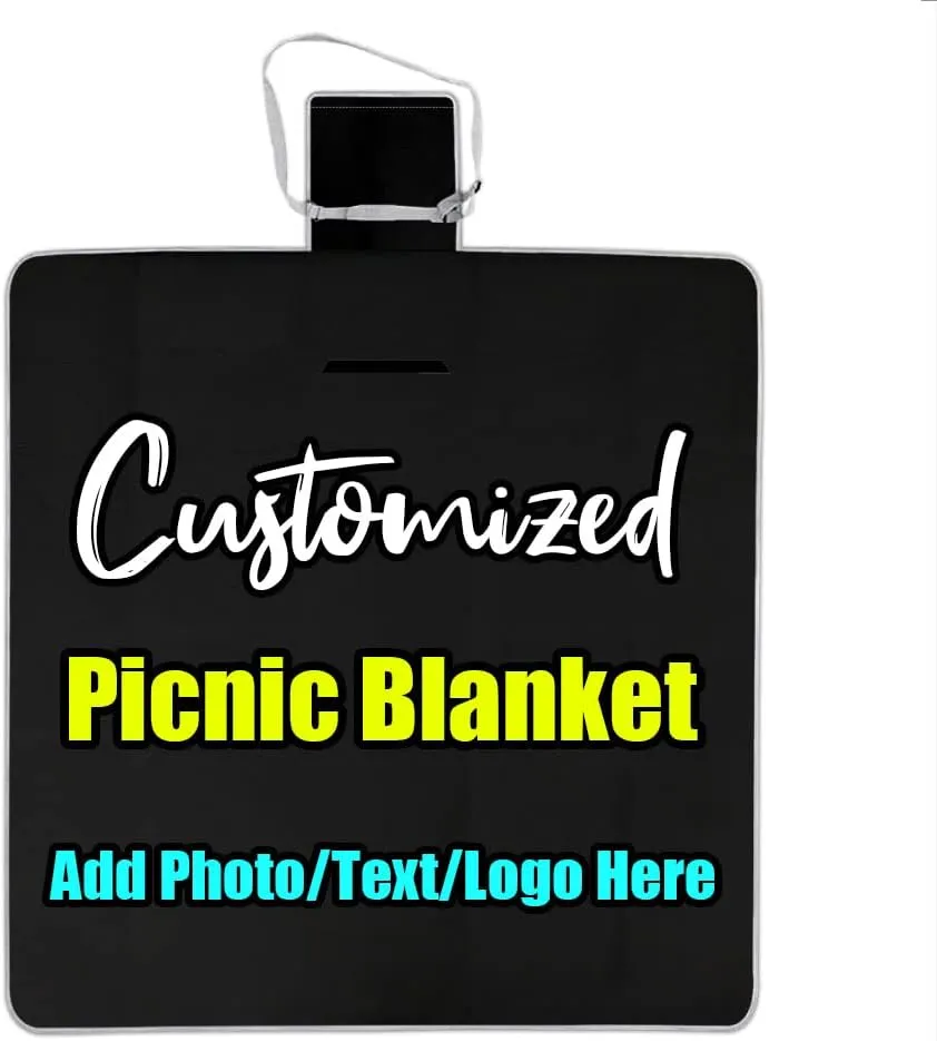 Picture Picnic Blanket Customized, Personalized Text Beach Blanket Waterproof Sandproof, Foldable Lightweight Customzable Picnic Blankets for Travel, Camping, Hiking Black 58.3 x 58.3 inch