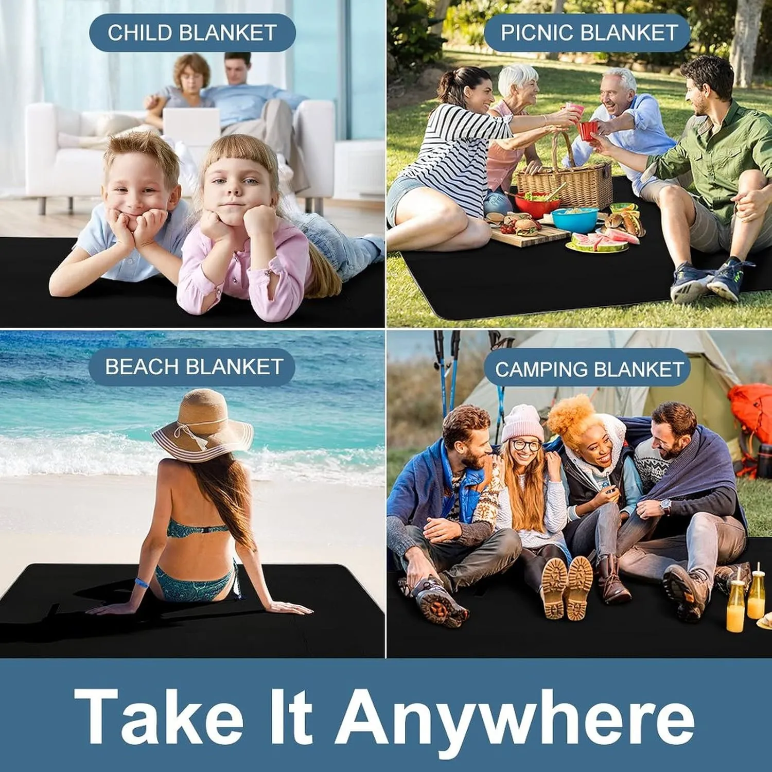 Picture Picnic Blanket Customized, Personalized Text Beach Blanket Waterproof Sandproof, Foldable Lightweight Customzable Picnic Blankets for Travel, Camping, Hiking Black 58.3 x 58.3 inch