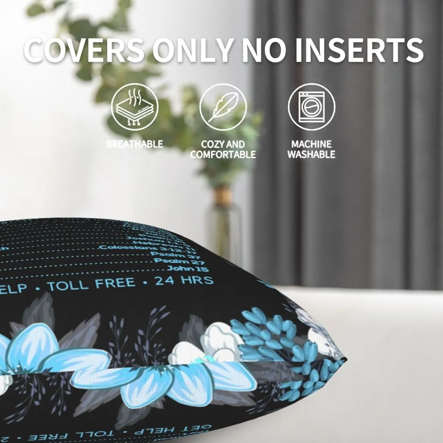 Pillowcase Set of 2 Bible Emergency Numbers Verse Quote and Flowers Throw Pillow Covers Shells for Couch Office Bedroom Home Decoration, 18"X18"