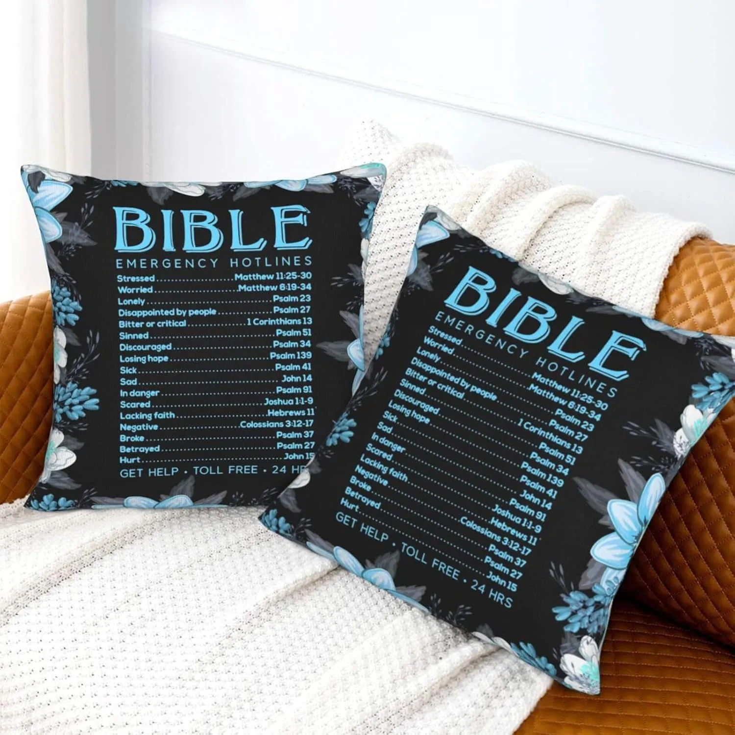 Pillowcase Set of 2 Bible Emergency Numbers Verse Quote and Flowers Throw Pillow Covers Shells for Couch Office Bedroom Home Decoration, 18"X18"