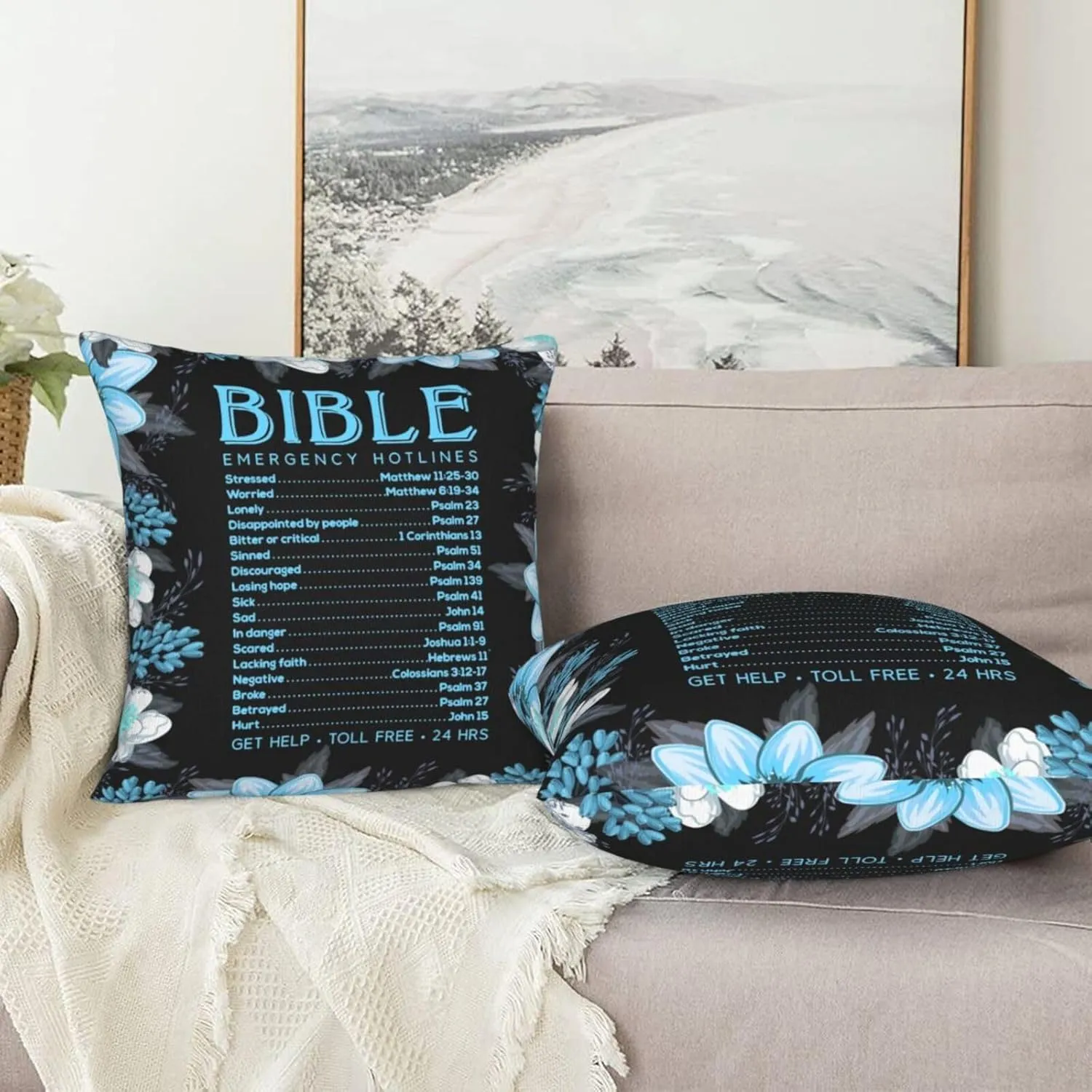 Pillowcase Set of 2 Bible Emergency Numbers Verse Quote and Flowers Throw Pillow Covers Shells for Couch Office Bedroom Home Decoration, 18"X18"