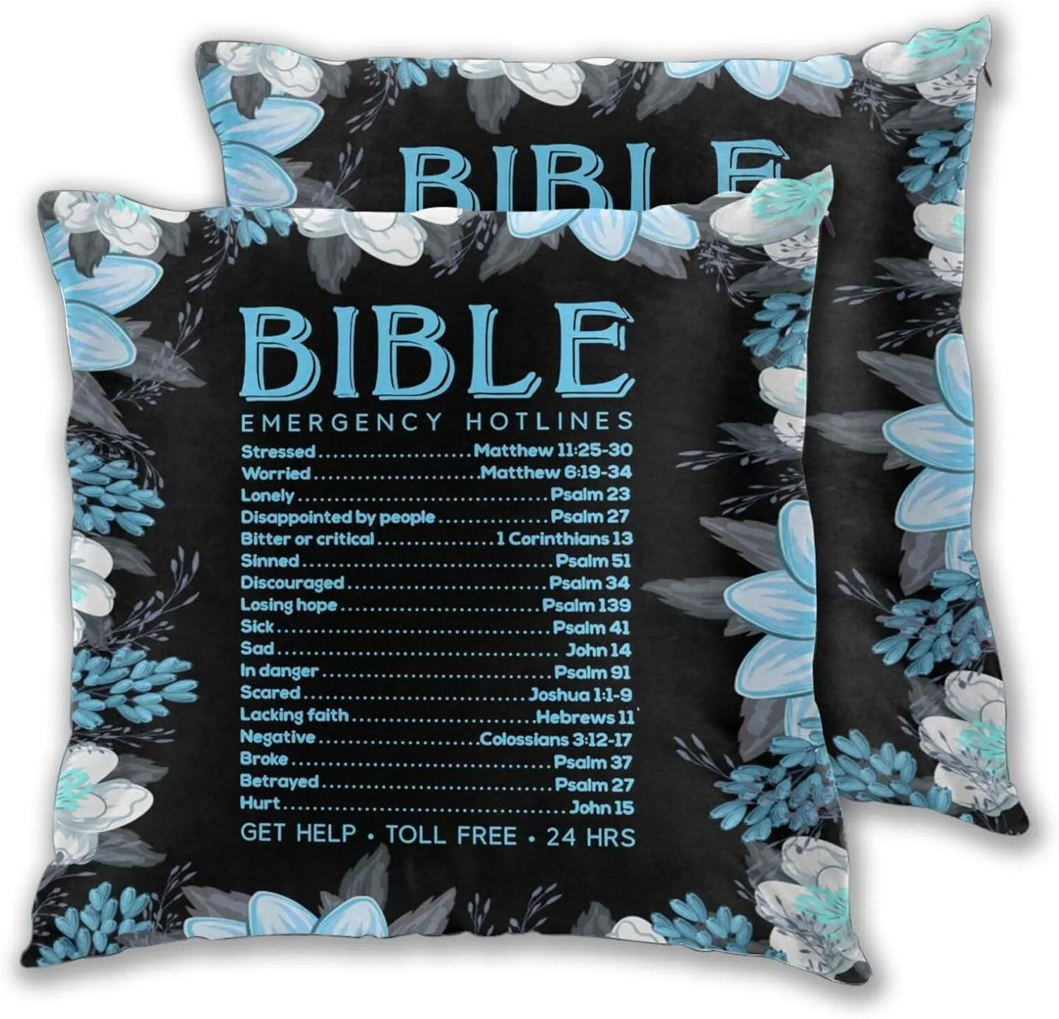 Pillowcase Set of 2 Bible Emergency Numbers Verse Quote and Flowers Throw Pillow Covers Shells for Couch Office Bedroom Home Decoration, 18"X18"