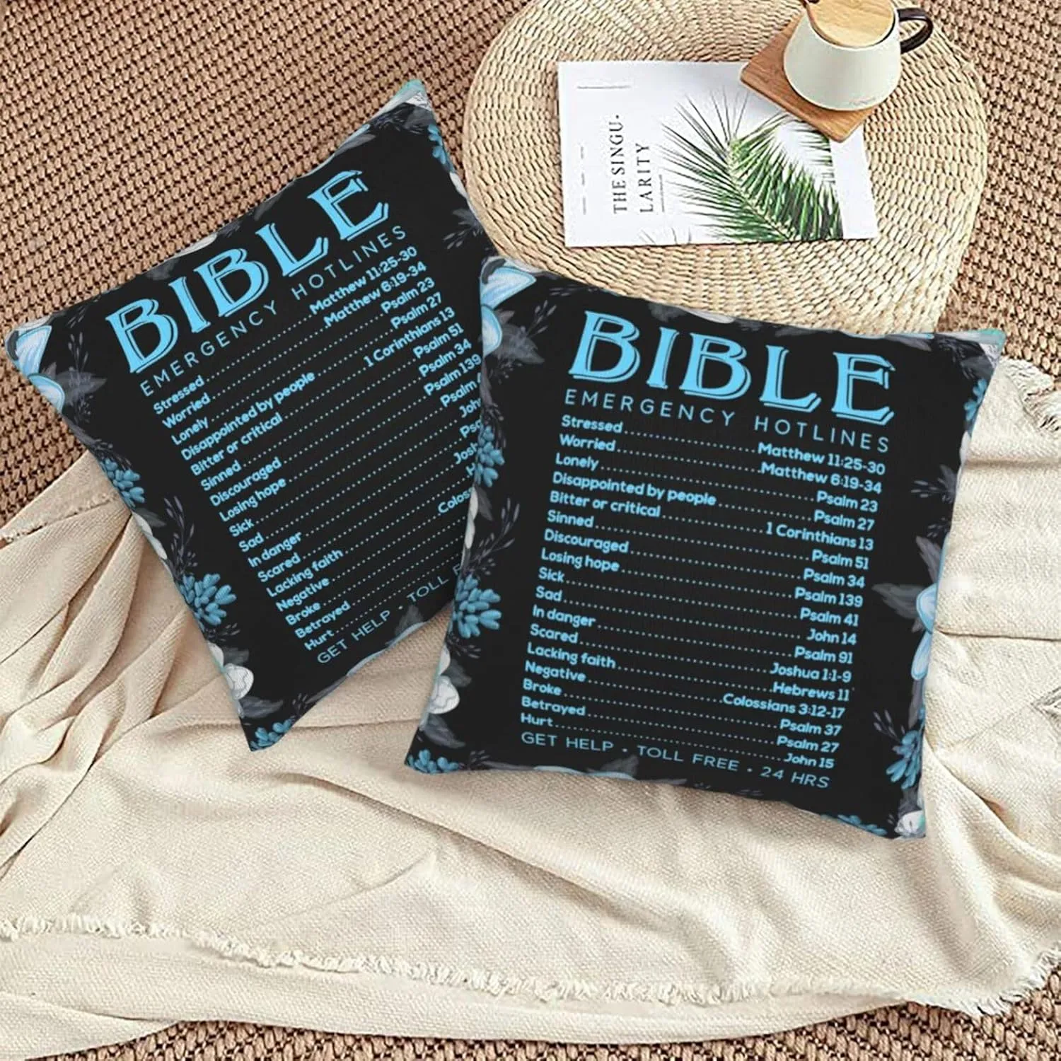 Pillowcase Set of 2 Bible Emergency Numbers Verse Quote and Flowers Throw Pillow Covers Shells for Couch Office Bedroom Home Decoration, 18"X18"