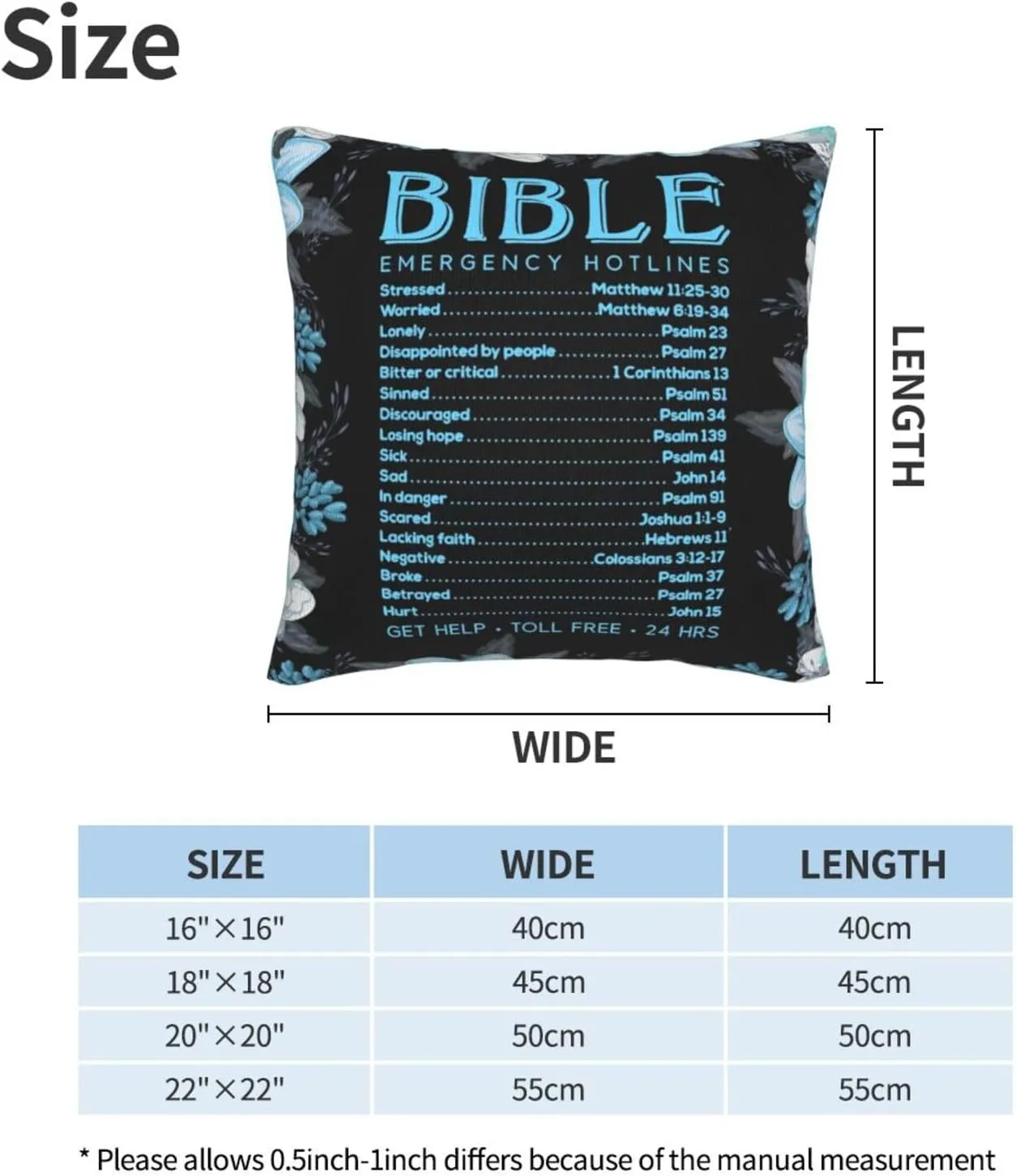 Pillowcase Set of 2 Bible Emergency Numbers Verse Quote and Flowers Throw Pillow Covers Shells for Couch Office Bedroom Home Decoration, 18"X18"