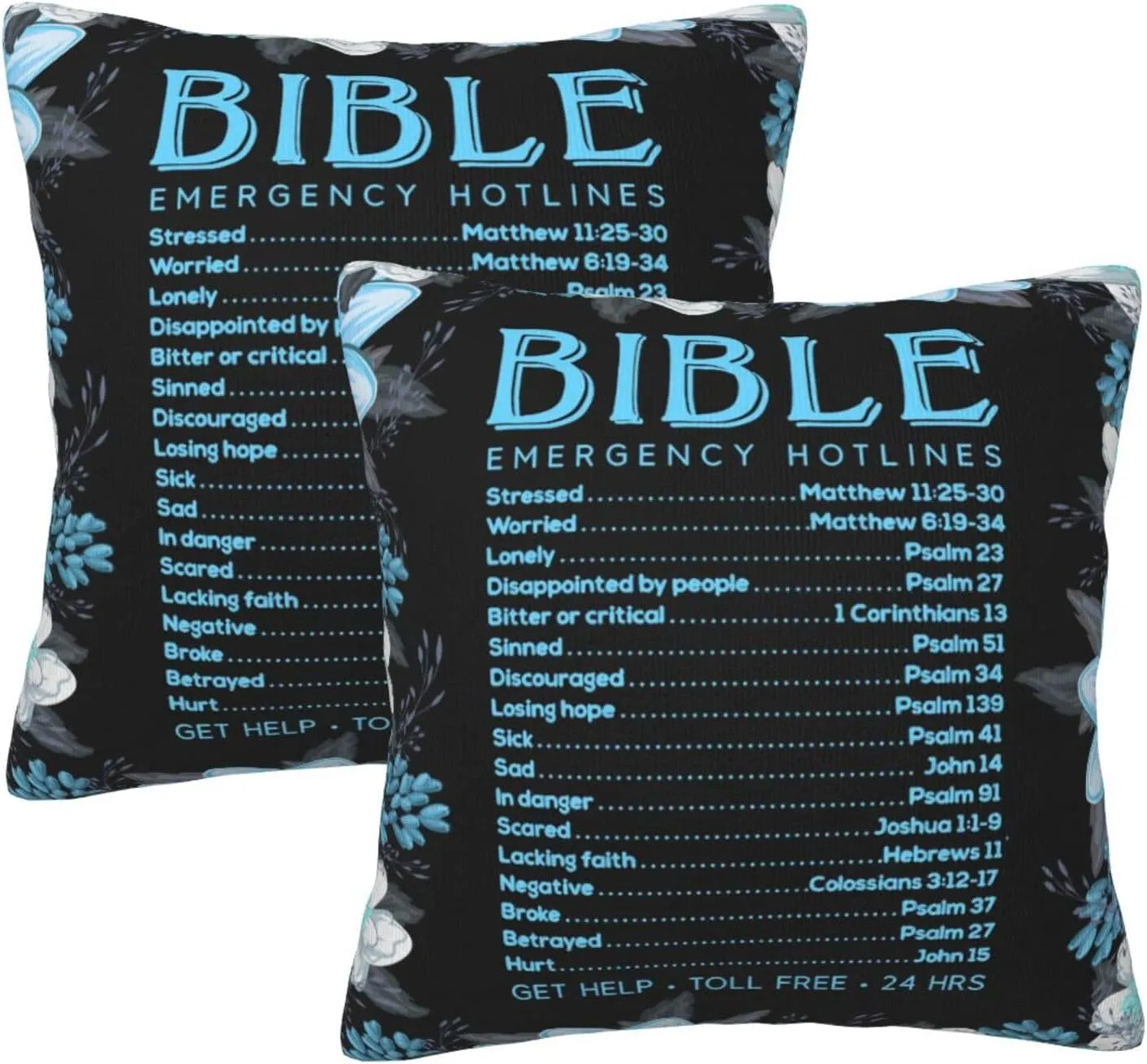 Pillowcase Set of 2 Bible Emergency Numbers Verse Quote and Flowers Throw Pillow Covers Shells for Couch Office Bedroom Home Decoration, 18"X18"