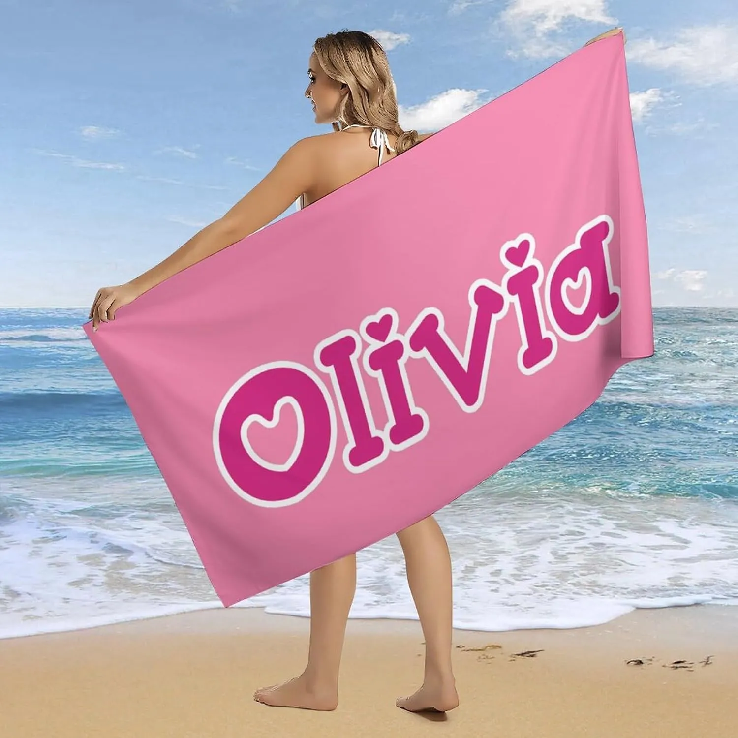 Pink and White Beach Towel for His and Hers Girl Gift Personalized Pink Striped Swim Towel Designer Sand Free Swim Towels for Bride Beach Trip Gifts