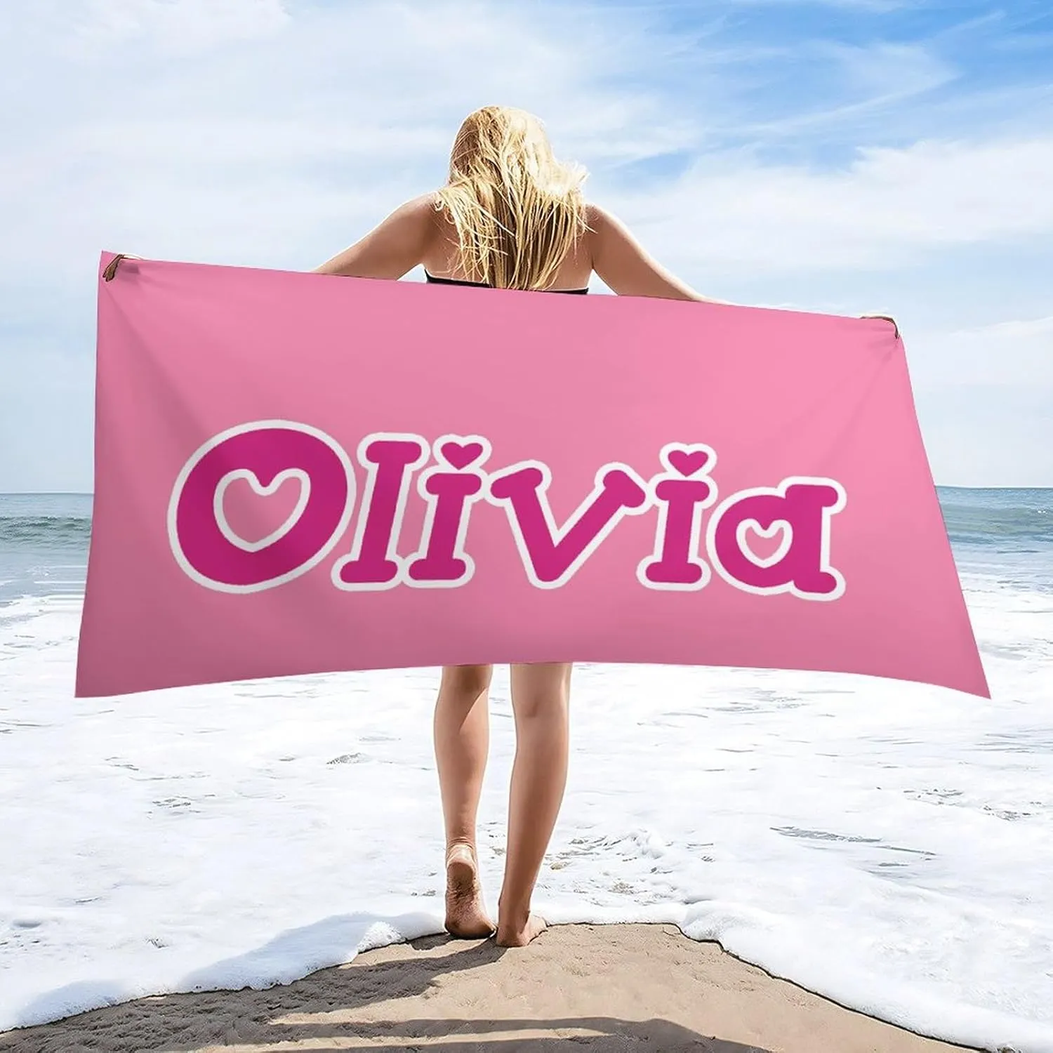 Pink and White Beach Towel for His and Hers Girl Gift Personalized Pink Striped Swim Towel Designer Sand Free Swim Towels for Bride Beach Trip Gifts