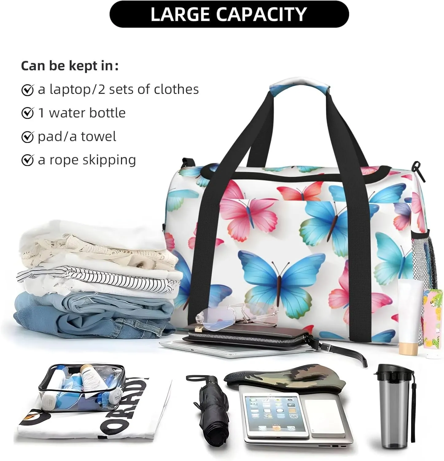 Pink Blue Butterfly Duffle Bag Foldable Travel Tote Bag Carry On Large Weekender Overnight Bags Waterproof Gym Bag For Women Men