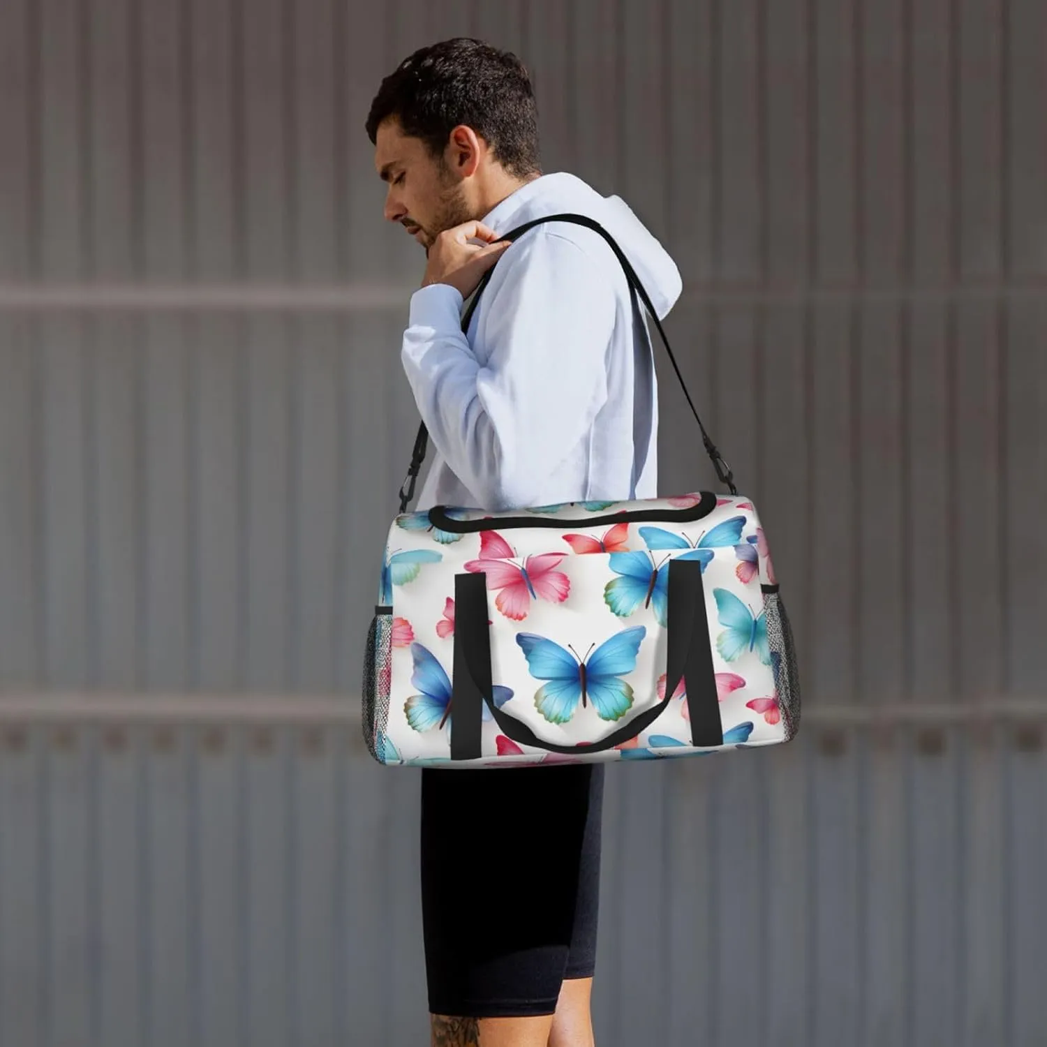 Pink Blue Butterfly Duffle Bag Foldable Travel Tote Bag Carry On Large Weekender Overnight Bags Waterproof Gym Bag For Women Men