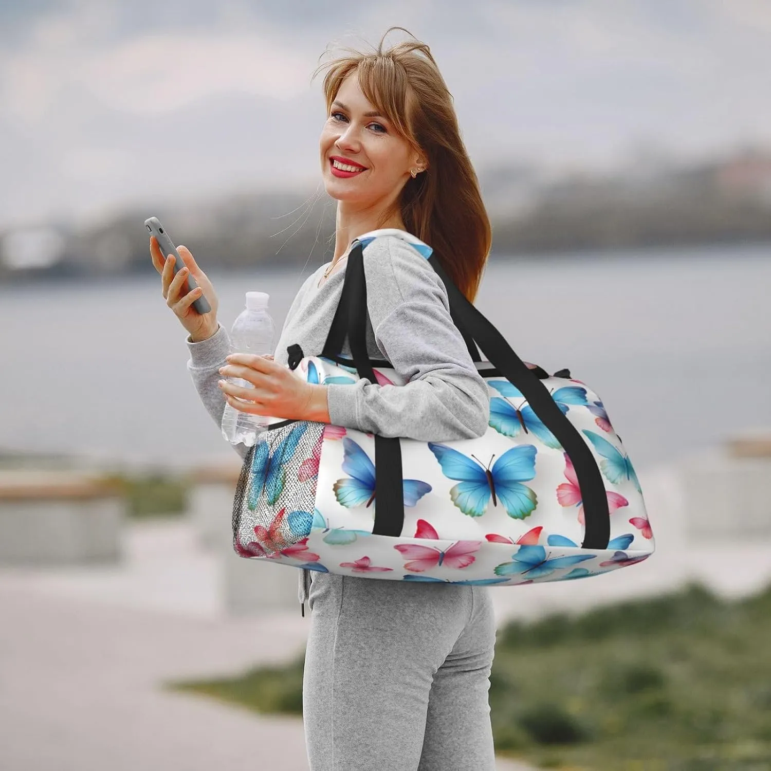 Pink Blue Butterfly Duffle Bag Foldable Travel Tote Bag Carry On Large Weekender Overnight Bags Waterproof Gym Bag For Women Men