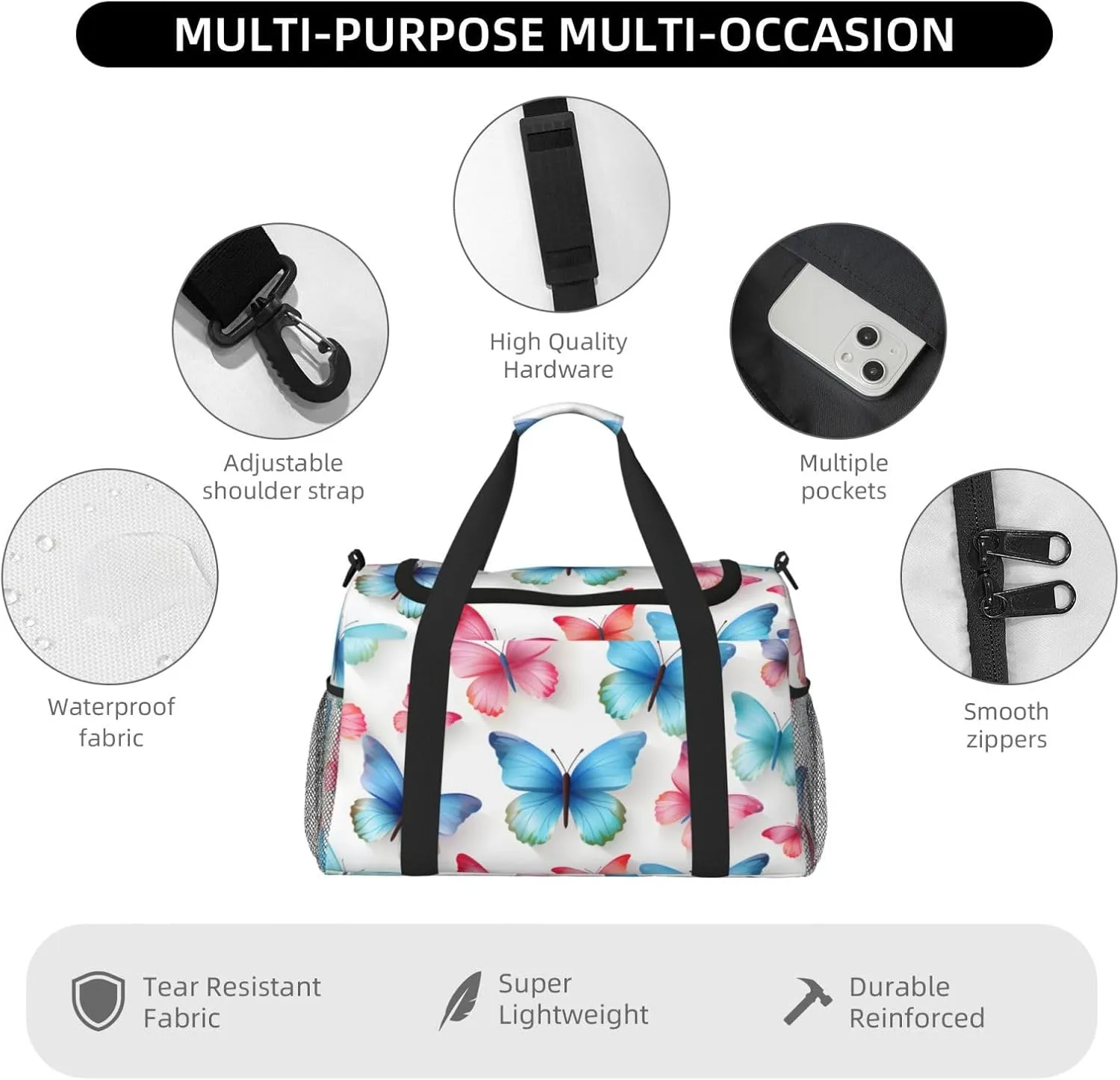 Pink Blue Butterfly Duffle Bag Foldable Travel Tote Bag Carry On Large Weekender Overnight Bags Waterproof Gym Bag For Women Men