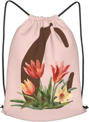 Pink Drawstring Bag for Women Girls Kids Teens Students Floral Initial Drawstring Backpack Sackpack Draw String Cinch Bags for Sports, Gym, Travel, Swimming, Beach, Camping, Letter C