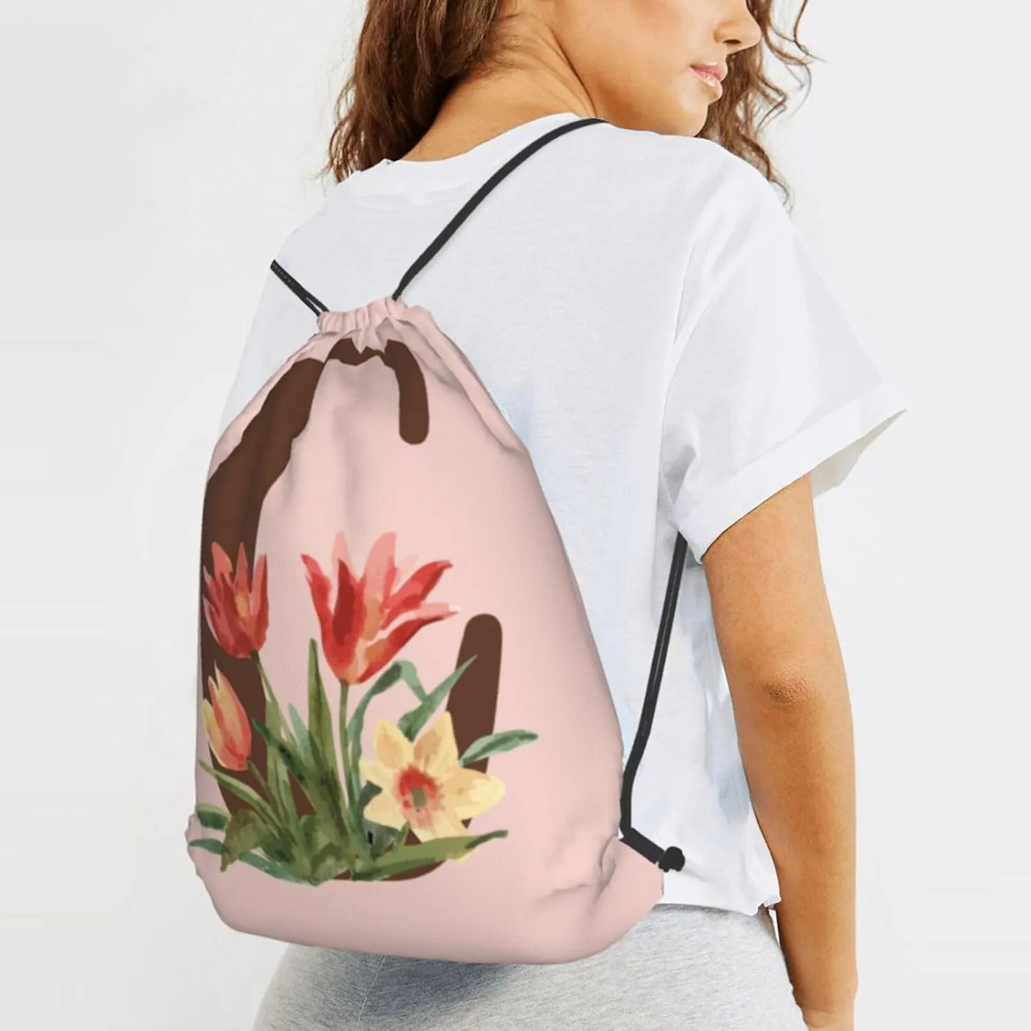 Pink Drawstring Bag for Women Girls Kids Teens Students Floral Initial Drawstring Backpack Sackpack Draw String Cinch Bags for Sports, Gym, Travel, Swimming, Beach, Camping, Letter C