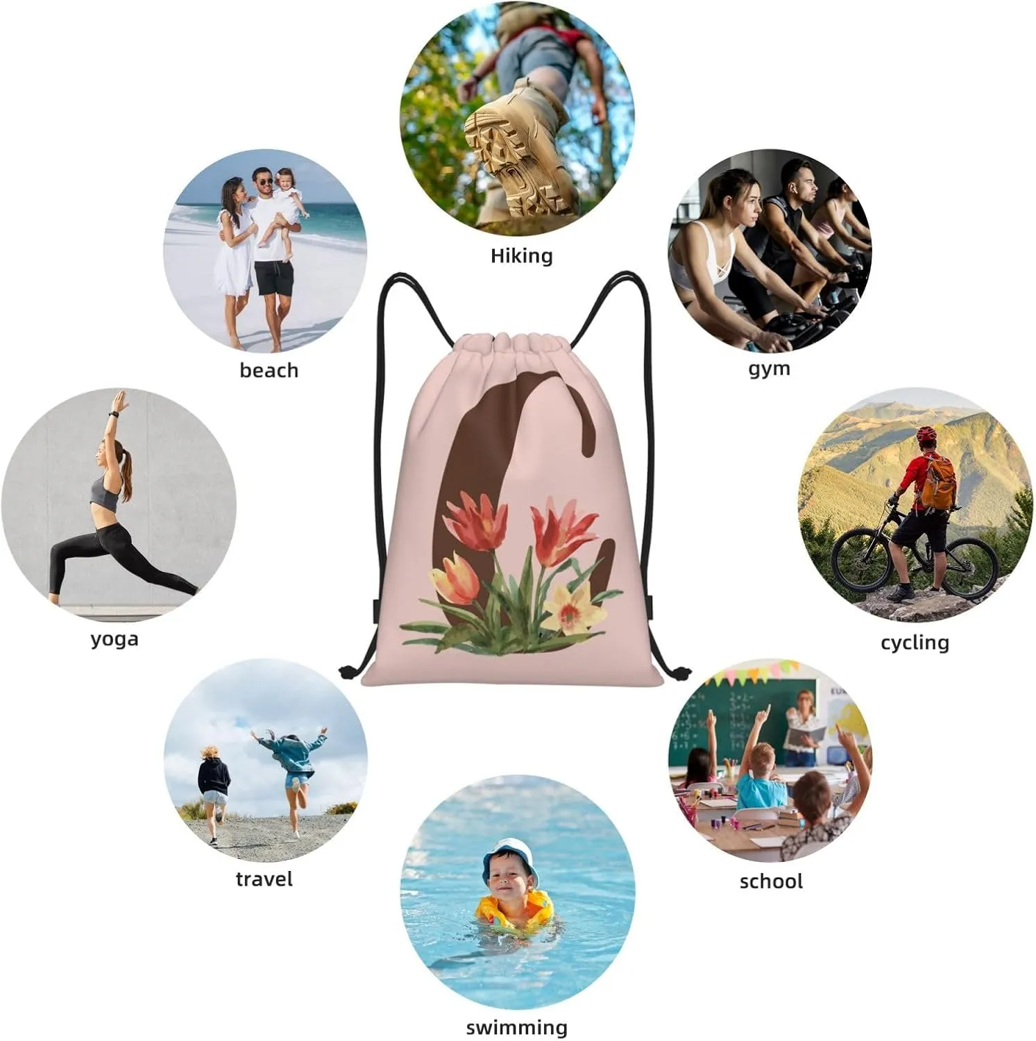Pink Drawstring Bag for Women Girls Kids Teens Students Floral Initial Drawstring Backpack Sackpack Draw String Cinch Bags for Sports, Gym, Travel, Swimming, Beach, Camping, Letter C