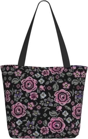 Pink Roses Tote Bag Women Reusable Shopping Bags Shoulder Bag Portable Storage HandBags