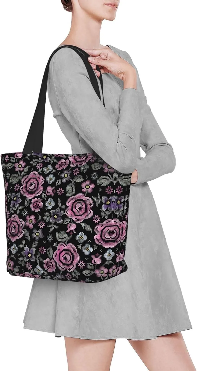 Pink Roses Tote Bag Women Reusable Shopping Bags Shoulder Bag Portable Storage HandBags