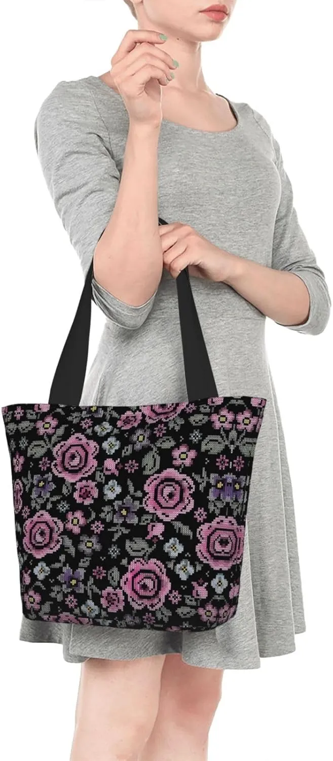 Pink Roses Tote Bag Women Reusable Shopping Bags Shoulder Bag Portable Storage HandBags