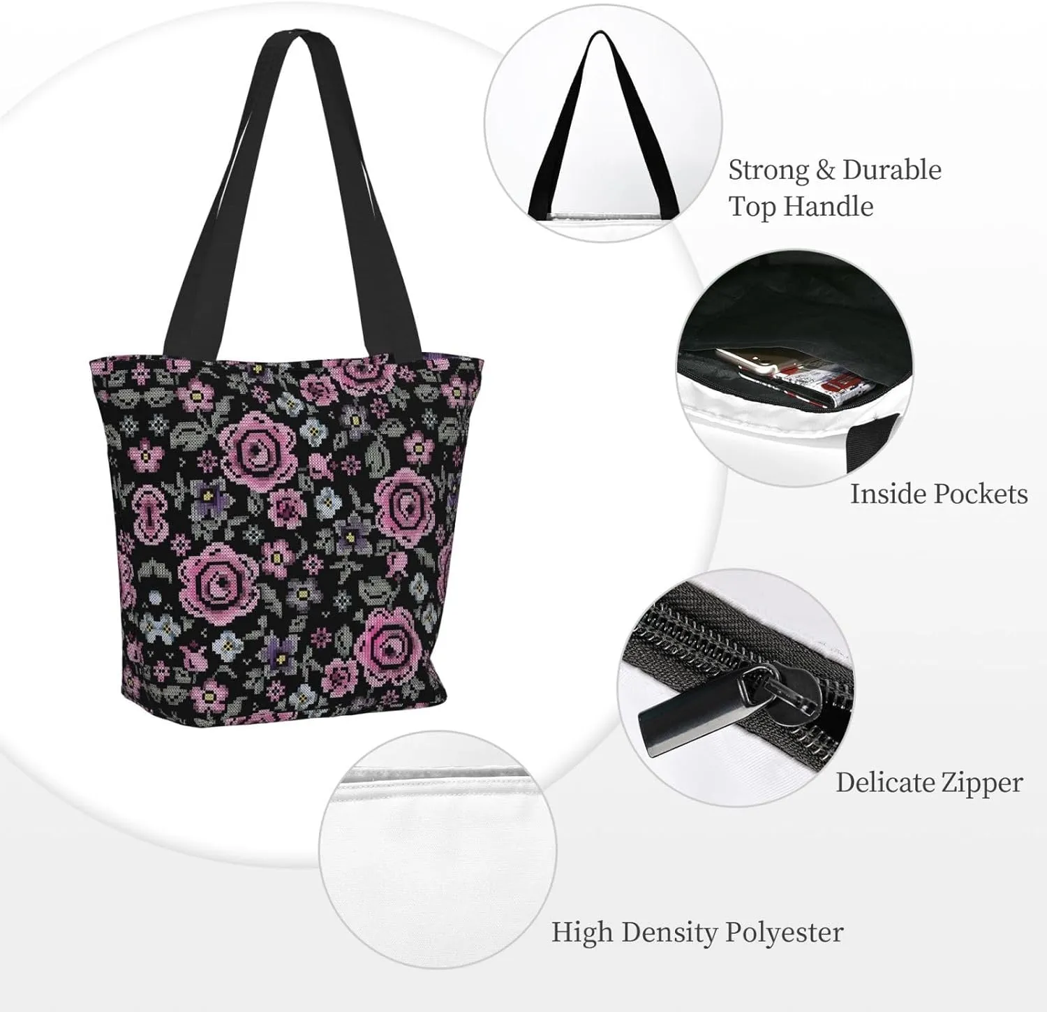 Pink Roses Tote Bag Women Reusable Shopping Bags Shoulder Bag Portable Storage HandBags