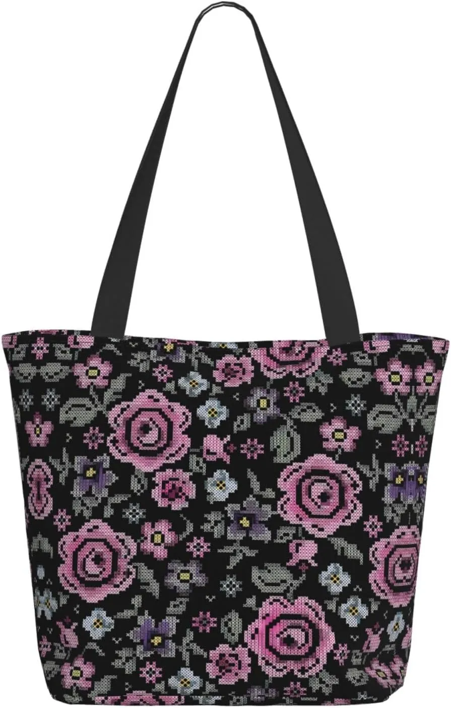 Pink Roses Tote Bag Women Reusable Shopping Bags Shoulder Bag Portable Storage HandBags