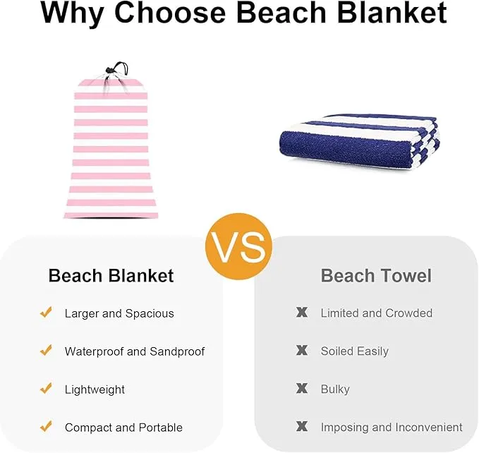 Pink Stripe Beach Blanket Sandproof Waterproof, Extra Large 78''×86'' Beach Mat for 1-4 Adults with Stakes and Sand Pocket, Compact Lightweight Sand Free Picnic Mat Beach Essential