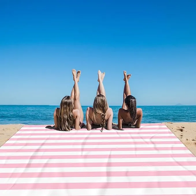 Pink Stripe Beach Blanket Sandproof Waterproof, Extra Large 78''×86'' Beach Mat for 1-4 Adults with Stakes and Sand Pocket, Compact Lightweight Sand Free Picnic Mat Beach Essential