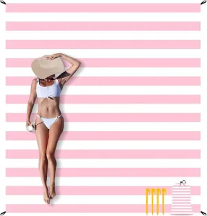 Pink Stripe Beach Blanket Sandproof Waterproof, Extra Large 78''×86'' Beach Mat for 1-4 Adults with Stakes and Sand Pocket, Compact Lightweight Sand Free Picnic Mat Beach Essential