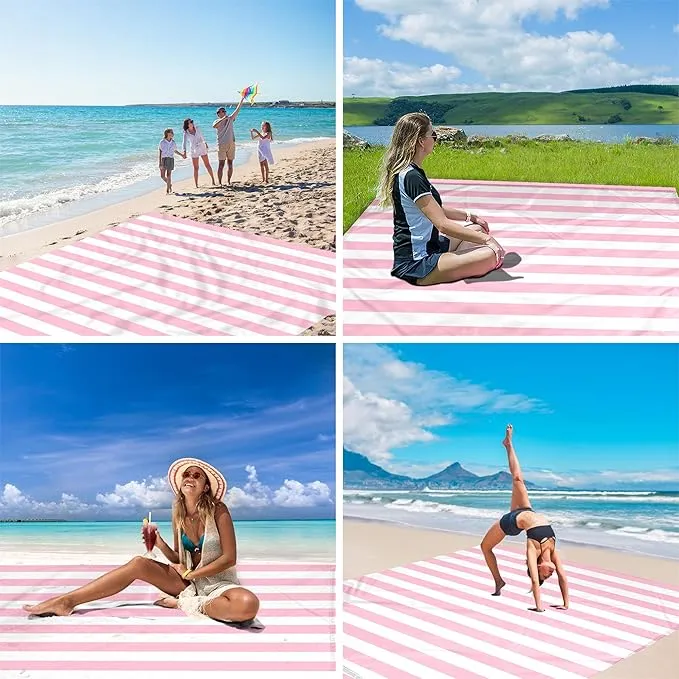 Pink Stripe Beach Blanket Sandproof Waterproof, Extra Large 78''×86'' Beach Mat for 1-4 Adults with Stakes and Sand Pocket, Compact Lightweight Sand Free Picnic Mat Beach Essential