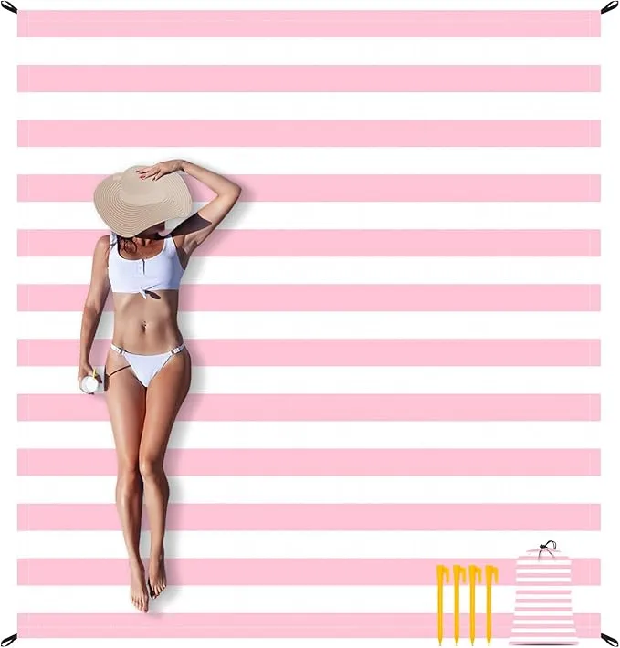 Pink Stripe Beach Blanket Sandproof Waterproof, Extra Large 78''×86'' Beach Mat for 1-4 Adults with Stakes and Sand Pocket, Compact Lightweight Sand Free Picnic Mat Beach Essential