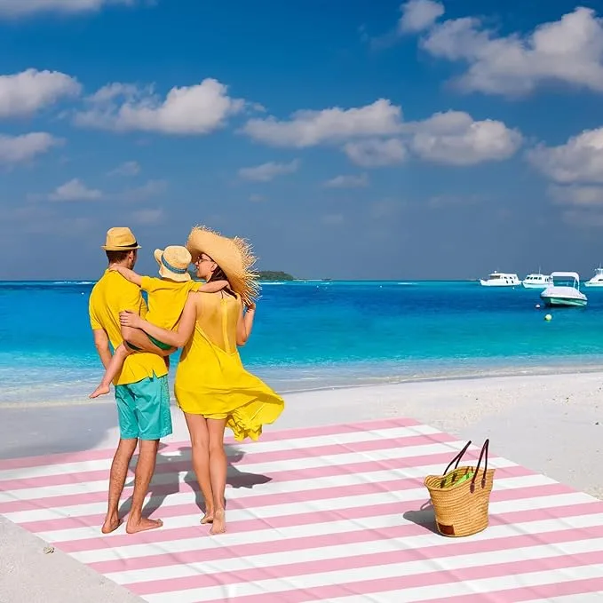 Pink Stripe Beach Blanket Sandproof Waterproof, Extra Large 78''×86'' Beach Mat for 1-4 Adults with Stakes and Sand Pocket, Compact Lightweight Sand Free Picnic Mat Beach Essential