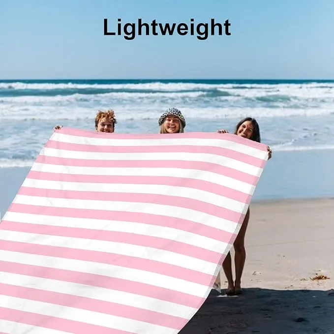 Pink Stripe Beach Blanket Sandproof Waterproof, Extra Large 78''×86'' Beach Mat for 1-4 Adults with Stakes and Sand Pocket, Compact Lightweight Sand Free Picnic Mat Beach Essential