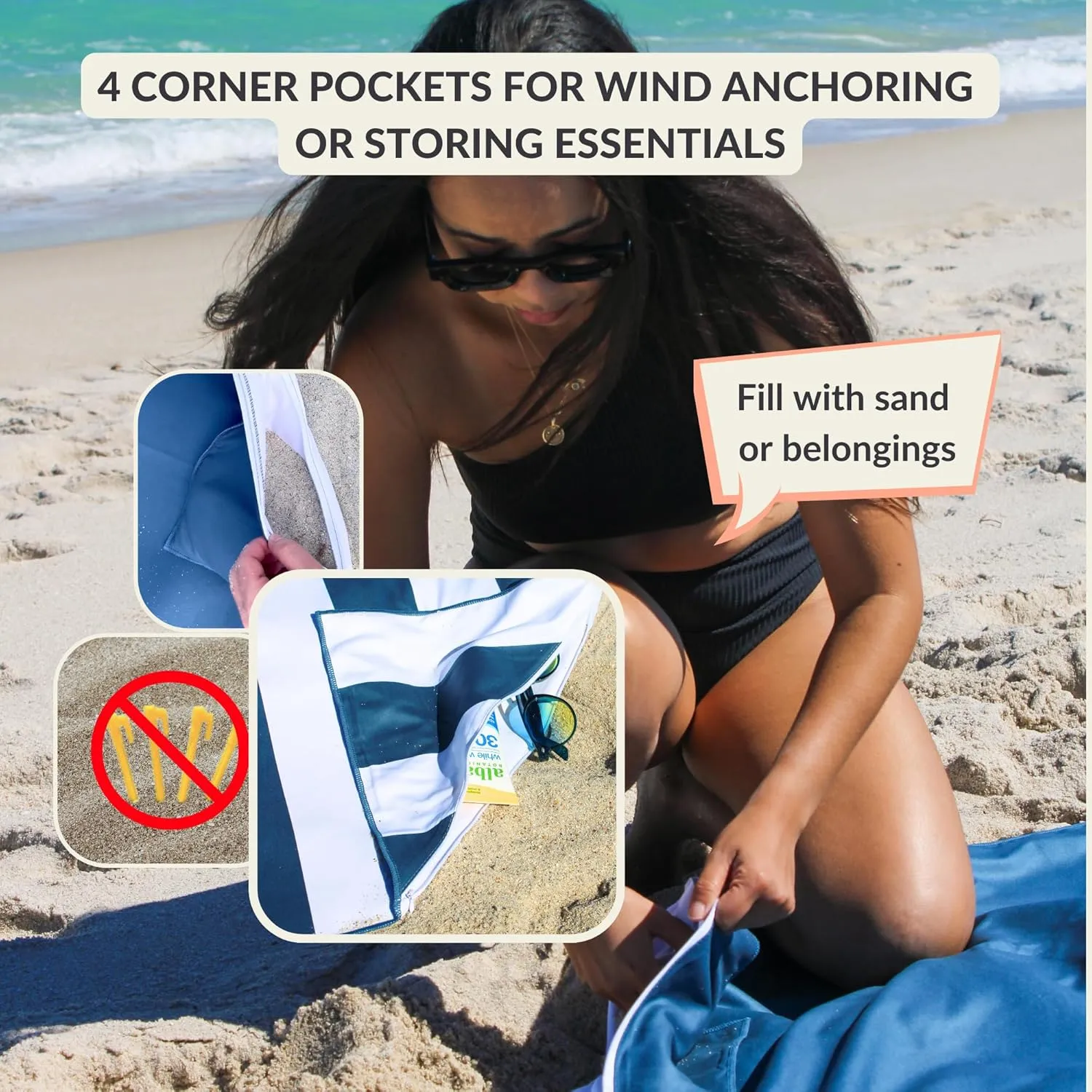 Plush Microfiber Beach Blanket, Extra Large Beach Mat for 3-6 Persons, Sandproof, Windproof | Hole for Umbrella, Corner Sand Pockets to Fight Wind (Bag for Blanket Included)
