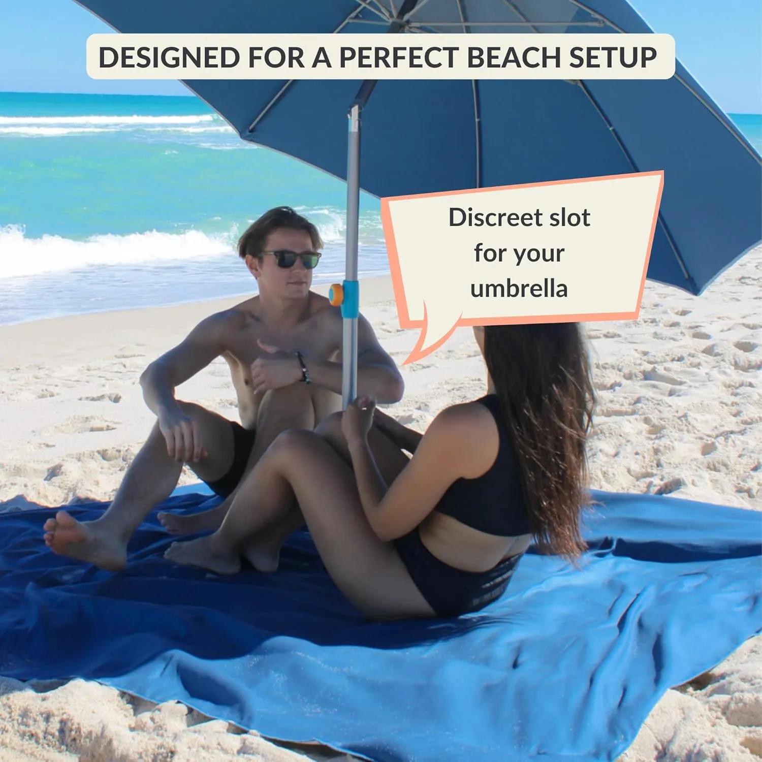 Plush Microfiber Beach Blanket, Extra Large Beach Mat for 3-6 Persons, Sandproof, Windproof | Hole for Umbrella, Corner Sand Pockets to Fight Wind (Bag for Blanket Included)